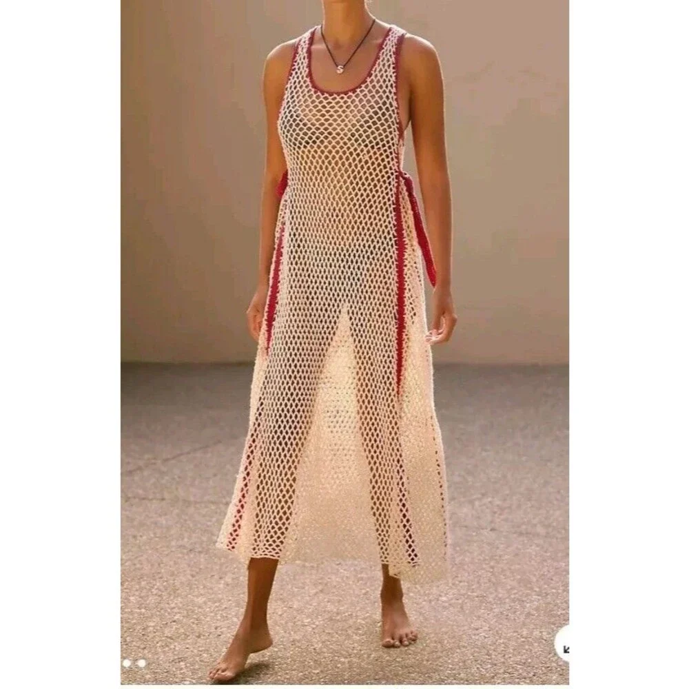 NWOT Anthropologie Bel Kazan Piped Crochet Maxi Swim Cover Dress M/L Cream